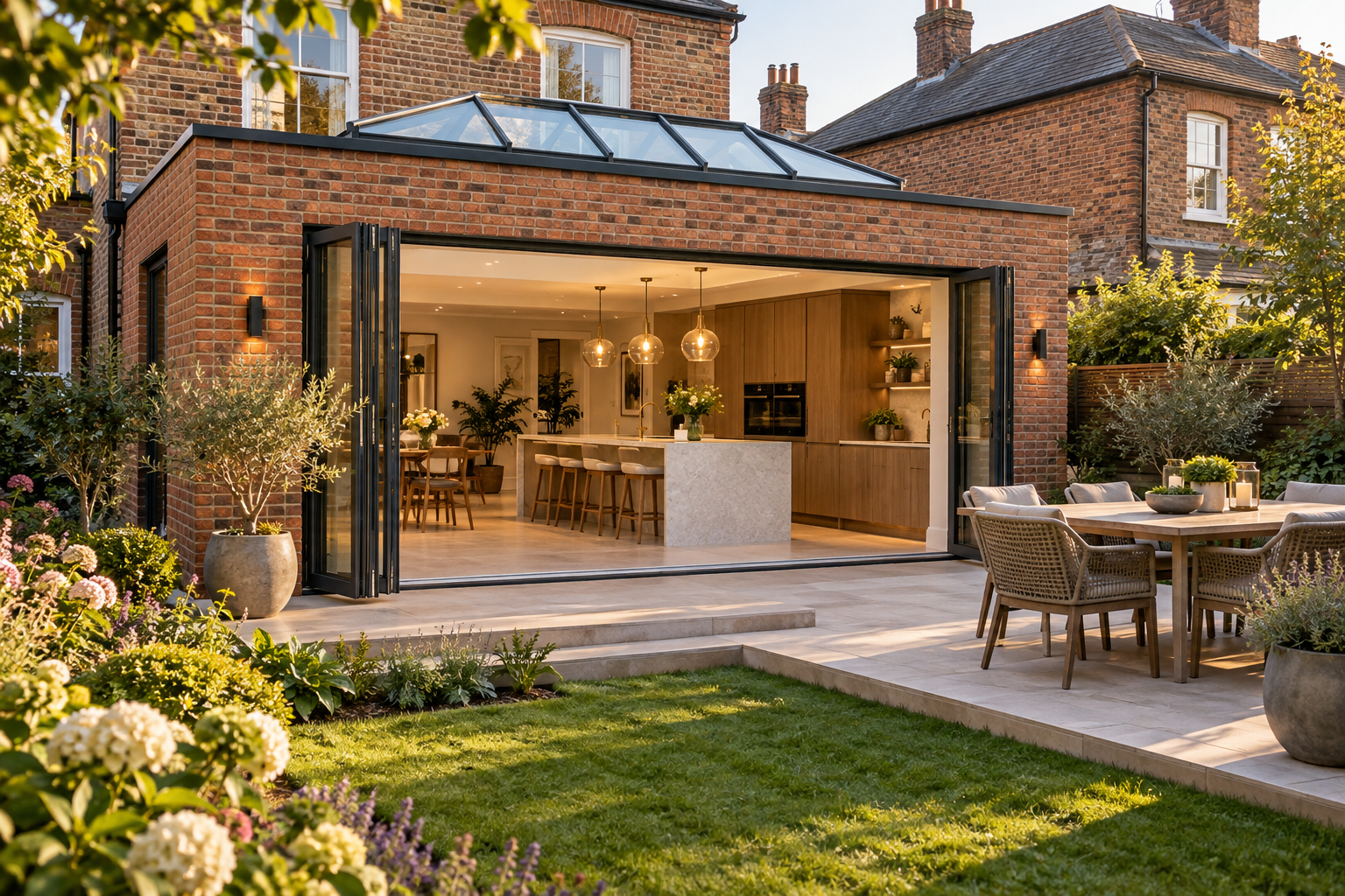 Red-brick single-storey rear extension at golden hour with a glass roof lantern, open bifold doors and a warm open-plan kitchen-diner